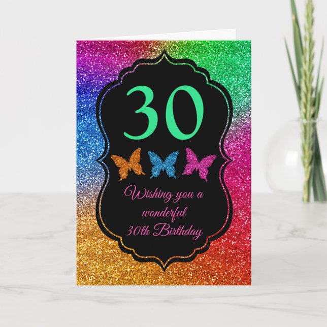 Rainbow Gradient Glitter & Butterflies Birthday Card (Front)