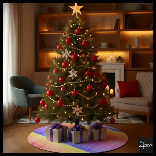 Rainbow Gradient Modern Plaid Tartan Pattern Brushed Polyester Tree Skirt