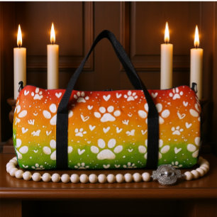 Rainbow Gradient White Paw Print  Duffle Bag