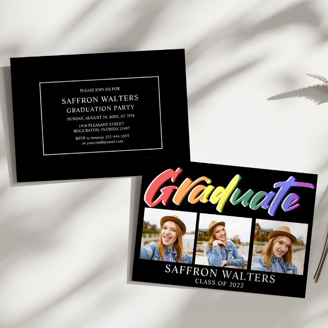 Rainbow Graduate 3 Photo Graduation Invitation (Creator Uploaded)