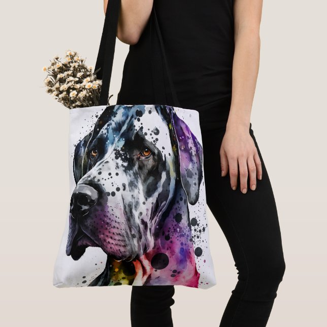 Rainbow Great Dane Watercolor Tote Bag (Close Up)