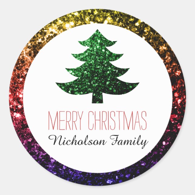 Rainbow + Green Christmas tree sparkles Gift Tag (Front)