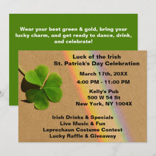 Rainbow & Green Clover Drinking Irish   Invitation