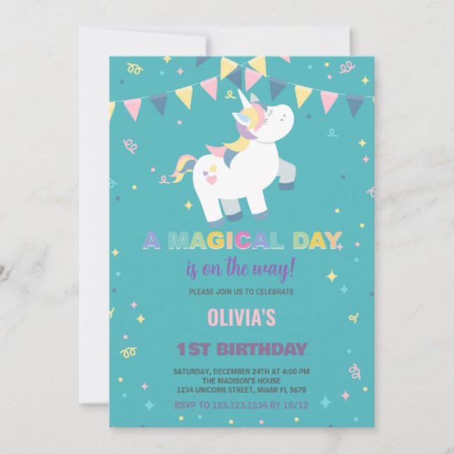 Rainbow Green Fly Unicorn Birthday Invitations (Front)
