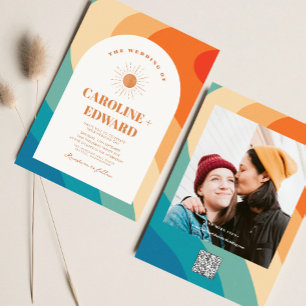 Rainbow Groovy Colourful Wavy Boho Wedding Qr Code Invitation