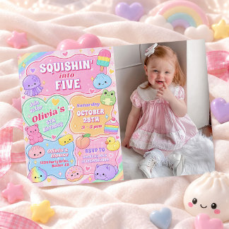 Rainbow Groovy Squishy Girl 5th Birthday Photo Invitation
