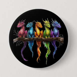 Rainbow Group of Baby Dragons on Black 7.5 Cm Round Badge
