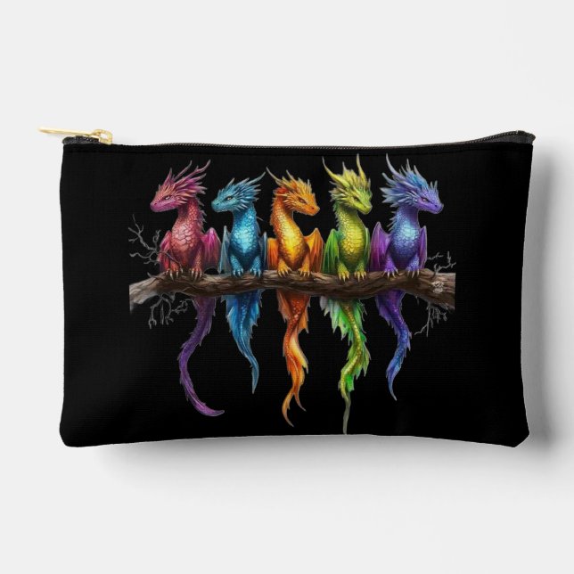 Rainbow Group of Baby Dragons on Black Accessory Pouch (Front)