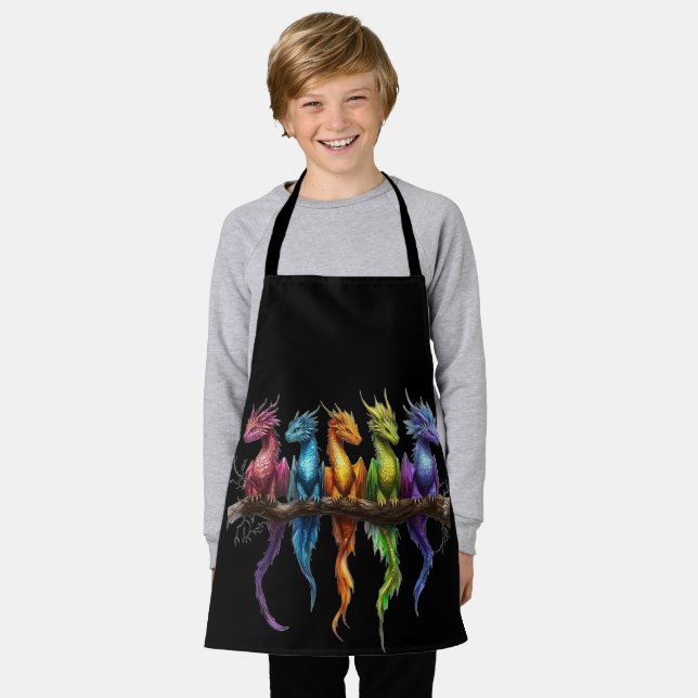 Rainbow Group of Baby Dragons on Black Apron (Worn)