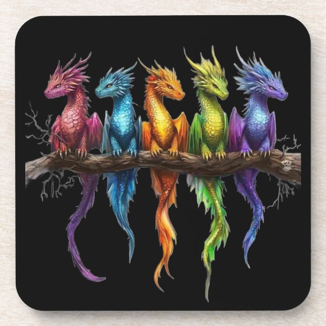 Rainbow Group of Baby Dragons on Black Coaster (Front)