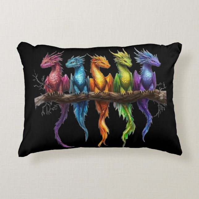 Rainbow Group of Baby Dragons on Black Decorative Cushion (Front)