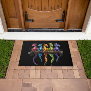 Rainbow Group of Baby Dragons on Black Doormat