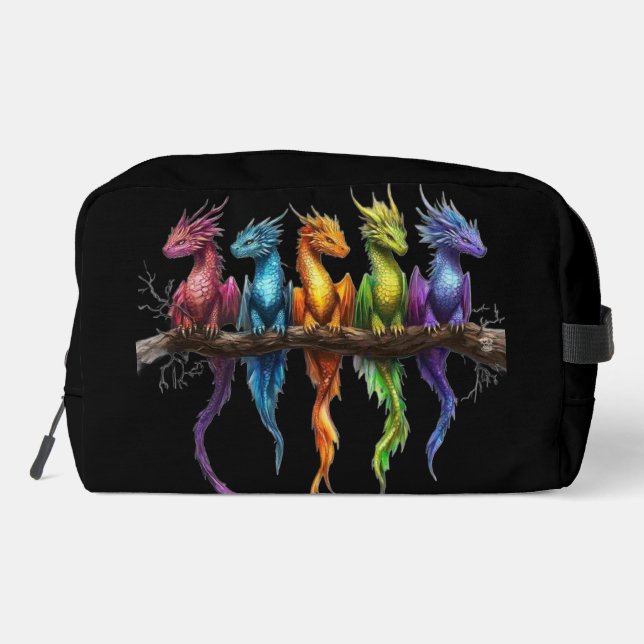 Rainbow Group of Baby Dragons on Black Dopp Kit (Back)
