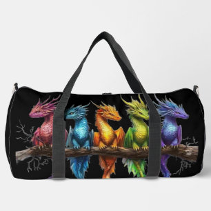 Rainbow Group of Baby Dragons on Black Duffle Bag