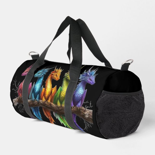 Rainbow Group of Baby Dragons on Black Duffle Bag (Right Corner)