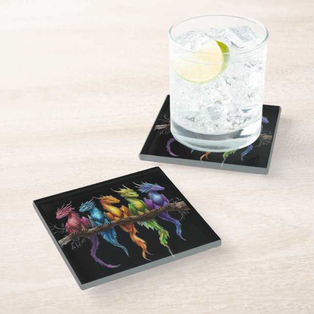 Rainbow Group of Baby Dragons on Black Glass Coaster (Angled)