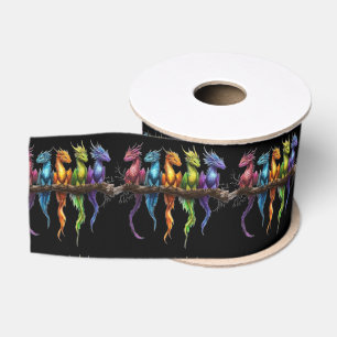 Rainbow Group of Baby Dragons on Black Grosgrain Ribbon