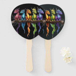 Rainbow Group of Baby Dragons on Black Hand Fan