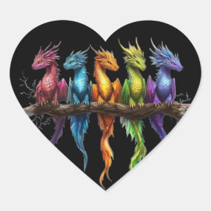 Rainbow Group of Baby Dragons on Black Heart Sticker