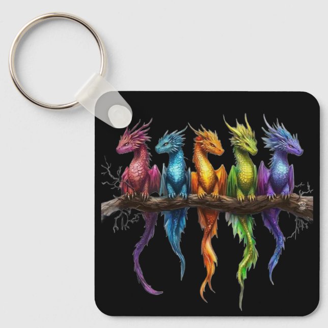 Rainbow Group of Baby Dragons on Black Key Ring (Front)
