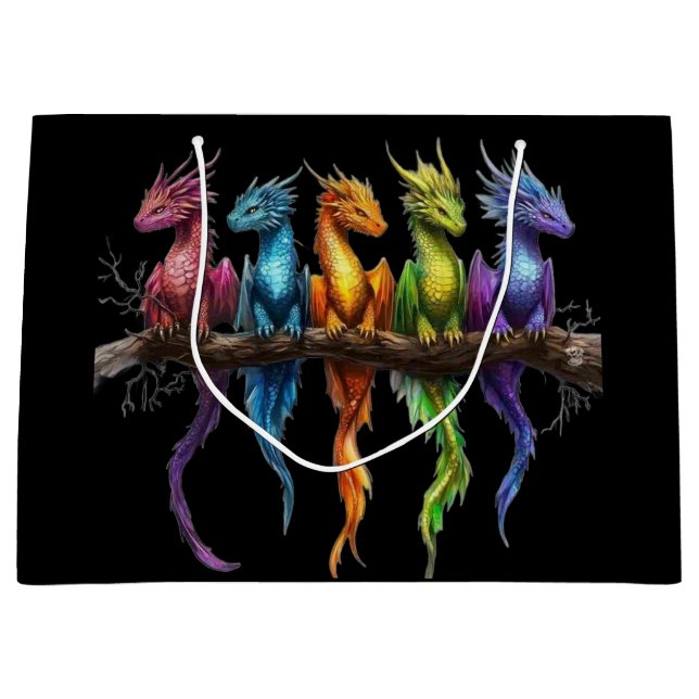 Rainbow Group of Baby Dragons on Black Large Gift Bag (Front)