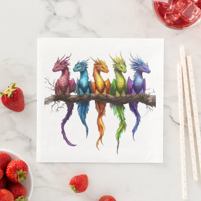 Rainbow Group of Baby Dragons on Black Napkin (Insitu)