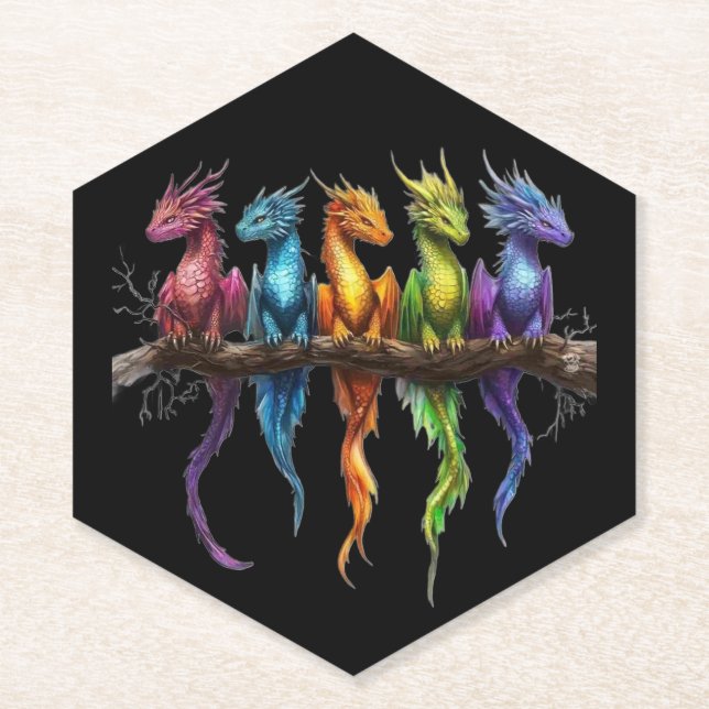 Rainbow Group of Baby Dragons on Black Paper Coaster (Front)