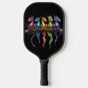 Rainbow Group of Baby Dragons on Black Pickleball Paddle