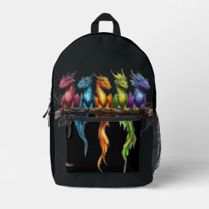 Rainbow Group of Baby Dragons on Black Printed Backpack