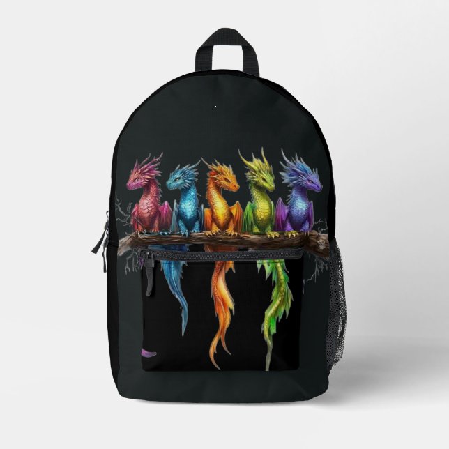 Rainbow Group of Baby Dragons on Black Printed Backpack (Front)