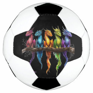 Rainbow Group of Baby Dragons on Black Soccer Ball