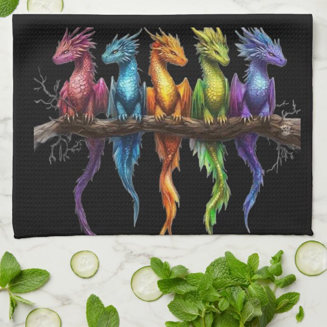 Rainbow Group of Baby Dragons on Black Tea Towel (Folded)