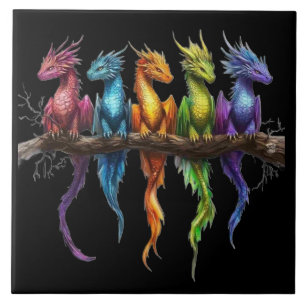 Rainbow Group of Baby Dragons on Black Tile