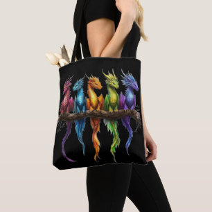 Rainbow Group of Baby Dragons on Black Tote Bag