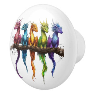Rainbow Group of Baby Dragons on  Ceramic Knob