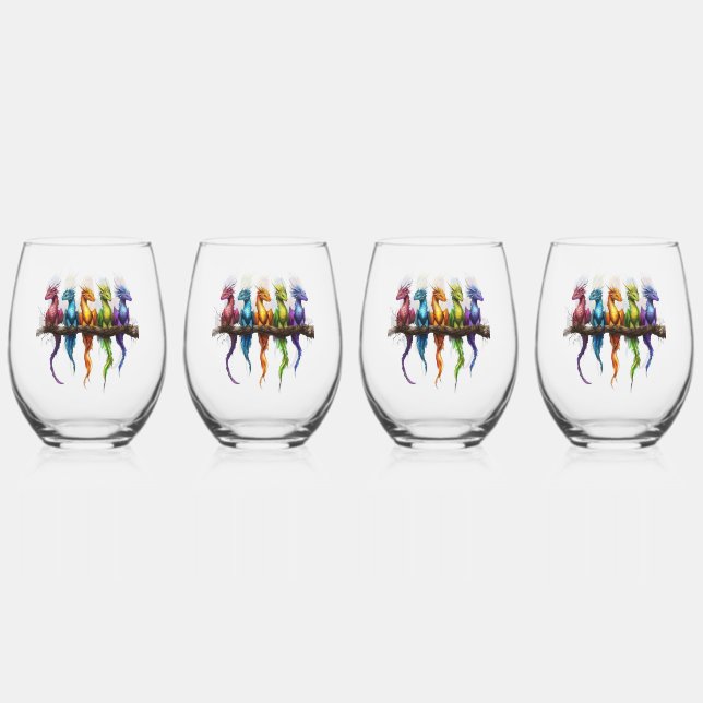 Rainbow Group of Baby Dragons Stemless Wine Glass (Front)