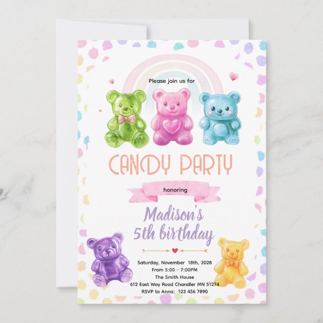 Rainbow Gummy Bear candy Invitation (Front)