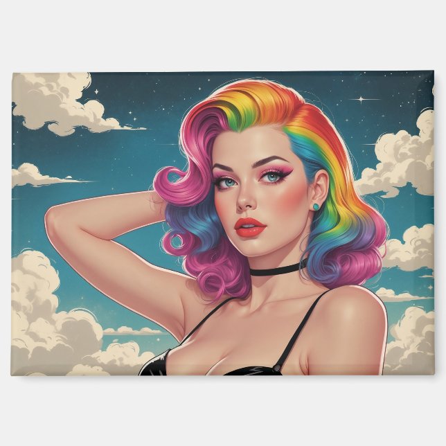 Rainbow Hair Pin-Up Cloud Background  Magnet (Front)