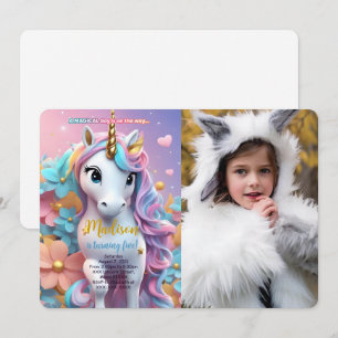 Rainbow Hair Unicorn Birthday Photo Invitation
