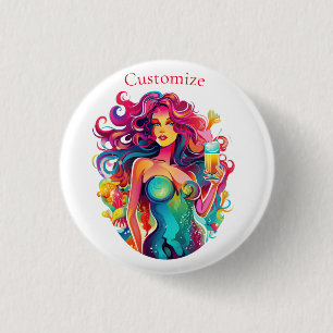 Rainbow-haired Mermaid With Cocktail 3 Cm Round Badge