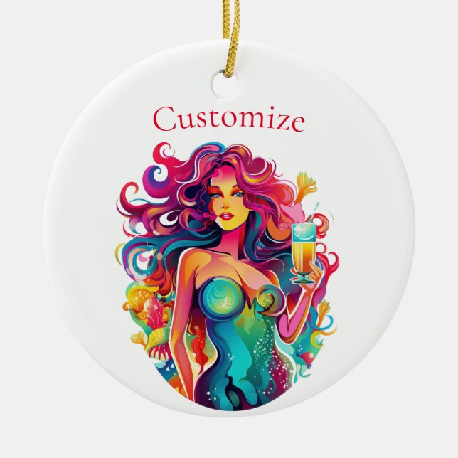 Rainbow-haired Mermaid With Cocktail  Ceramic Tree Decoration (Front)