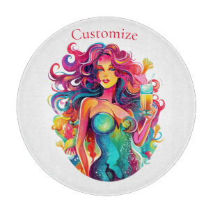 Rainbow-haired Mermaid With Cocktail  Cutting Board