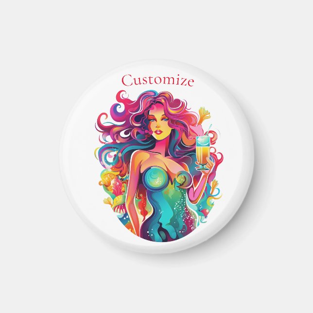 Rainbow-haired Mermaid With Cocktail  Magnet (Front)