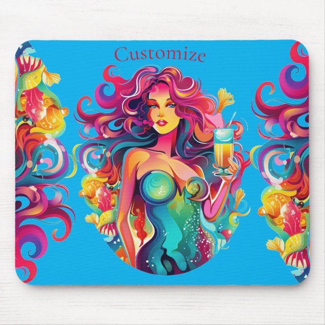 Rainbow-haired Mermaid With Cocktail  Mouse Pad (Front)
