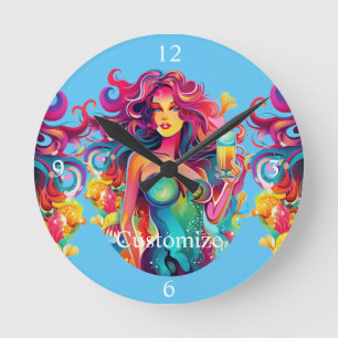 Rainbow-haired Mermaid With Cocktail Round Clock