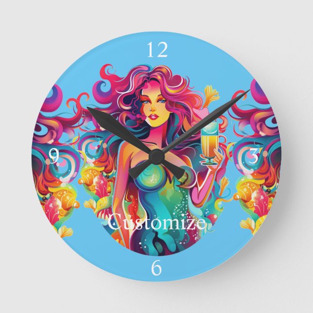 Rainbow-haired Mermaid With Cocktail  Round Clock (Front)