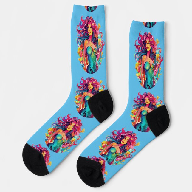 Rainbow-haired Mermaid With Cocktail  Socks (Left)