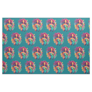 Rainbow-haired Mermaid With Cocktail Wall  Fabric