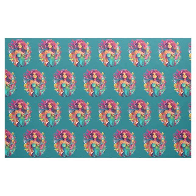 Rainbow-haired Mermaid With Cocktail Wall  Fabric (Fat Quarter)