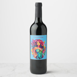 Rainbow-haired Mermaid With Cocktail Wine Label